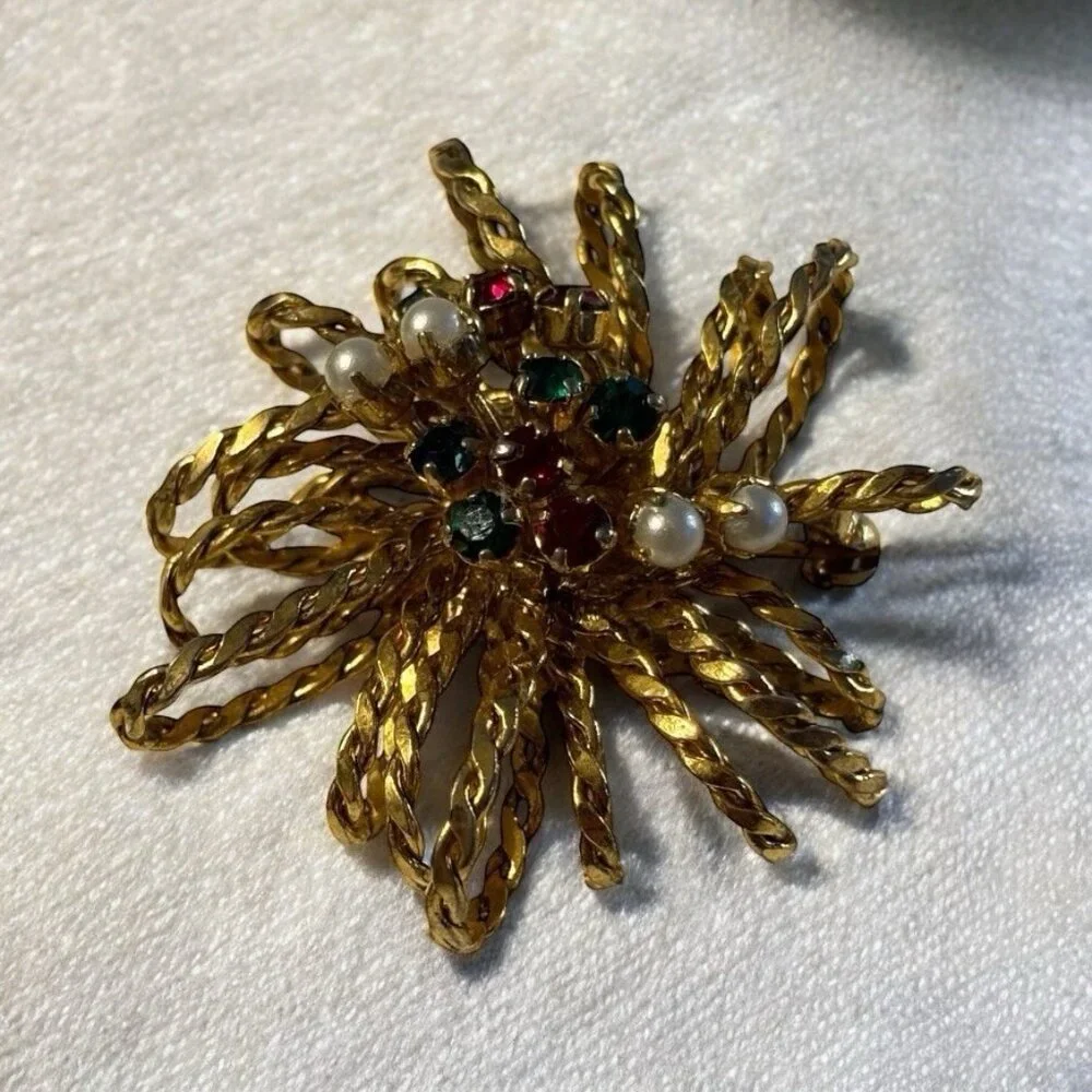 Austria 3D Rope Brooch Pin Starburst Fireworks‎ Atomic Rhinestone Faux Pearl VTG